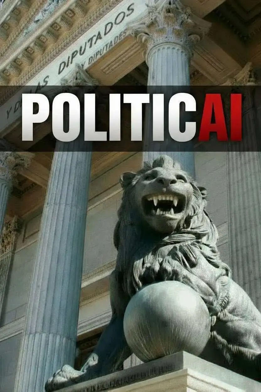 Póster de PoliticAI, una serie de sátira política con IA que fomenta el pensamiento crítico.